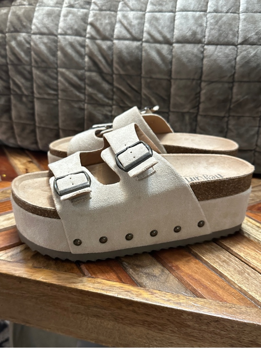 Platform Slide Sandals with Double Buckle - Beige